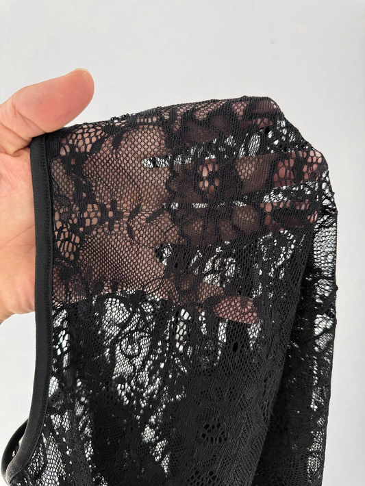 Blouse longue à col rond en dentelle transparente noire pour femmes